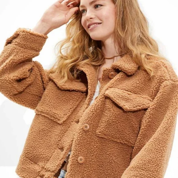 😍 GUC American Eagle Ladie's Cropped Sherpa Teddy Jacket, Brown, Small - Picture 3 of 11
